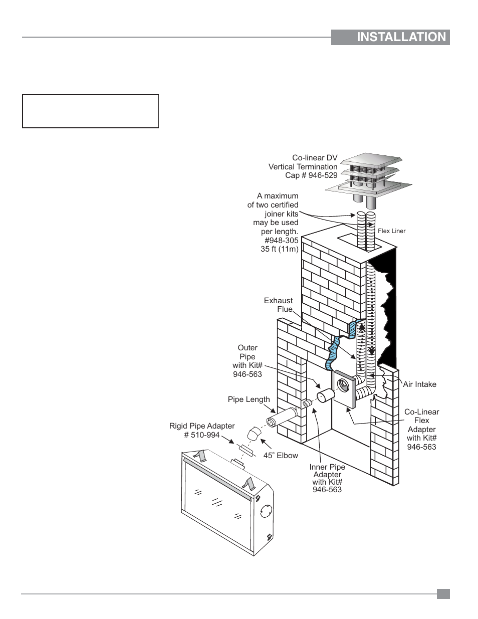 Installation, Vertical termination with co-linear flex system | Regency Panorama P33CE Small Gas Fireplace User Manual | Page 29 / 56