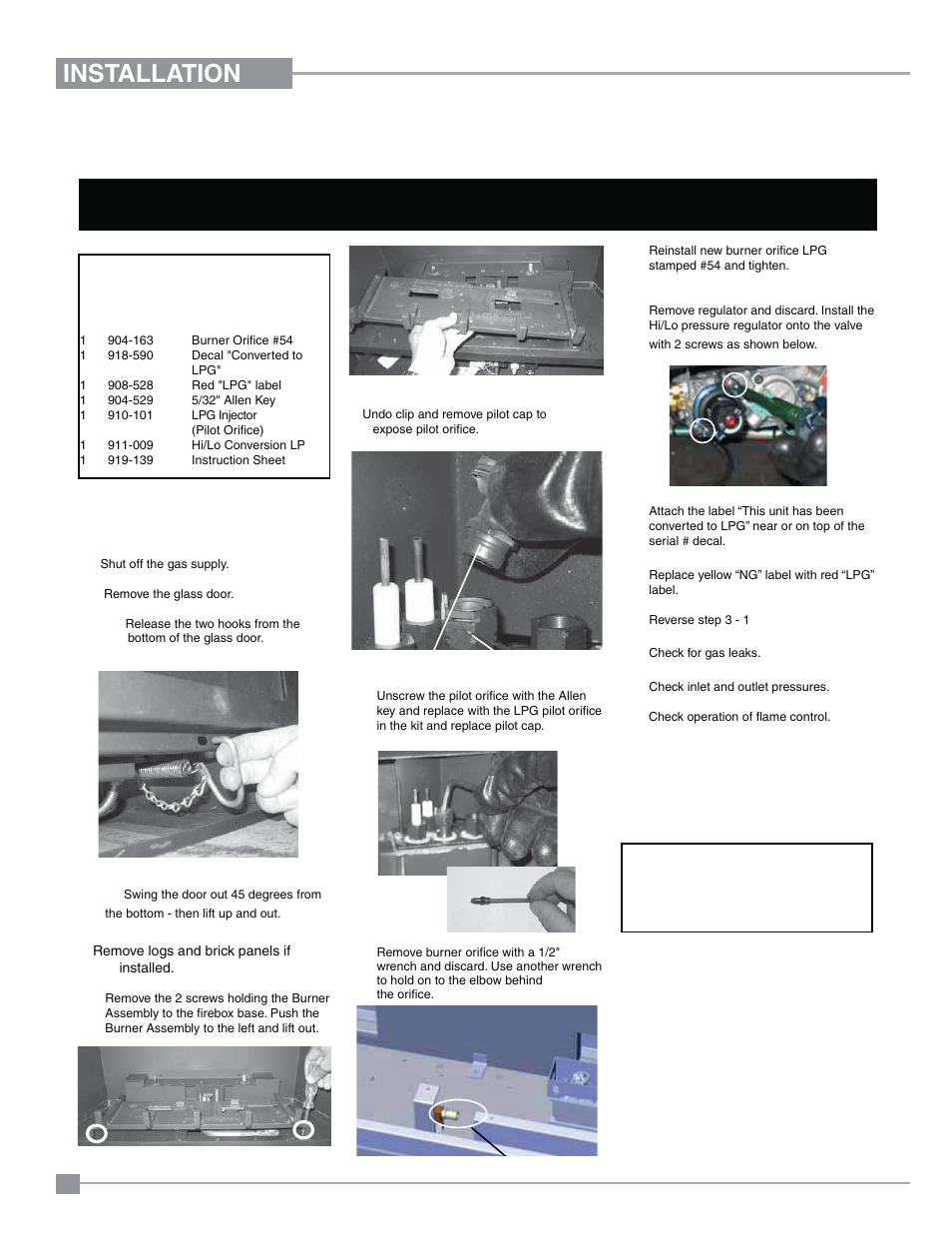 Installation, Conversion from ng to lp, Installation of the lpg conversion kit | Regency Panorama P33CE Small Gas Fireplace User Manual | Page 34 / 56