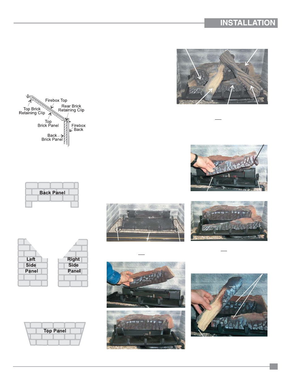 Installation, Optional brick panels, Log set installation | Regency Panorama P33CE Small Gas Fireplace User Manual | Page 35 / 56