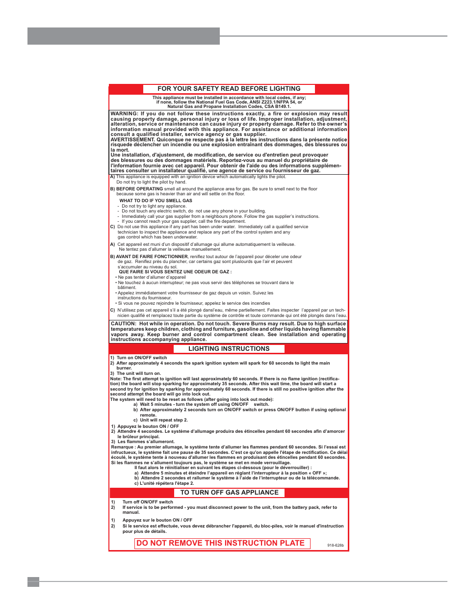 Operating instructions, Copy of the lighting plate instructions, Do not remove this instruction plate | Regency Panorama P33CE Small Gas Fireplace User Manual | Page 48 / 56