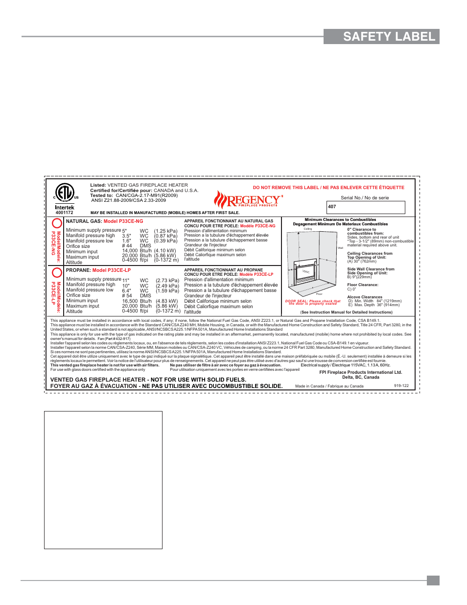 Safety label | Regency Panorama P33CE Small Gas Fireplace User Manual | Page 5 / 56