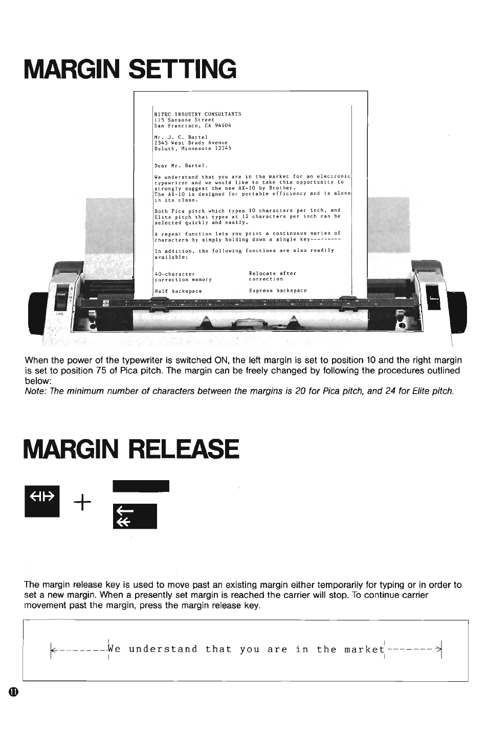 Margin setting, Margin release, Margin setting margin release | Brother AX-10 User Manual | Page 12 / 22