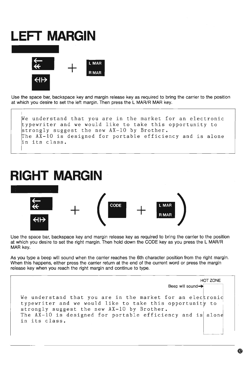 Left margin, Right margin, Left margin right margin | Brother AX-10 User Manual | Page 13 / 22