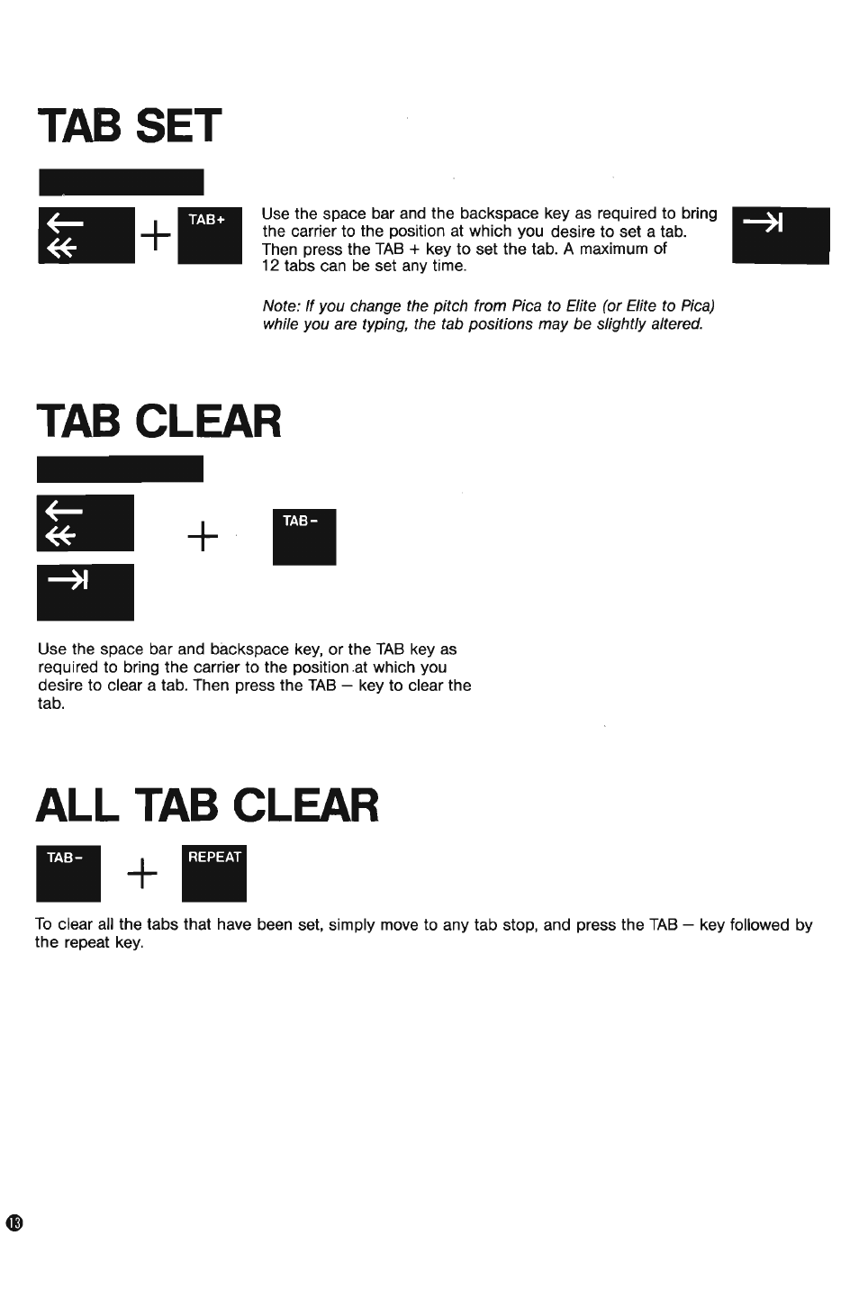 Tab set, Tab clear, All tab clear | Tab set tab clear all tab clear | Brother AX-10 User Manual | Page 14 / 22