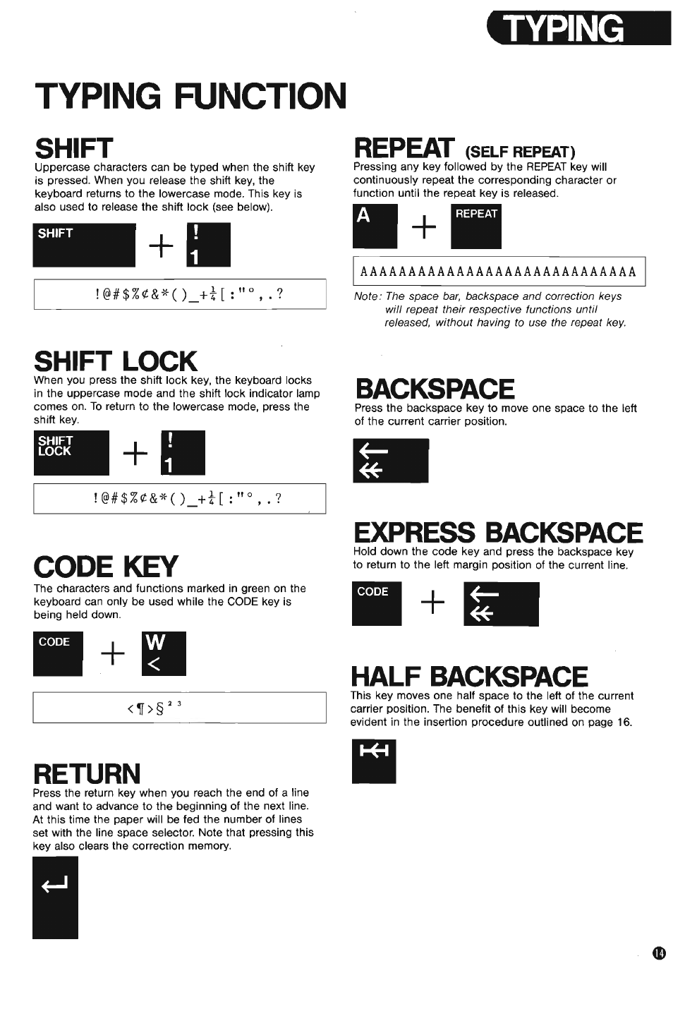 Typing, Typing function, Typing typing function | Code key, Shift, Repeat, Shift lock, Return, Backspace, Express backspace | Brother AX-10 User Manual | Page 15 / 22