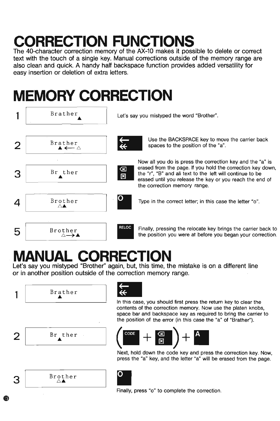 Correction functions, Memory correction, Manual correction | Brother AX-10 User Manual | Page 16 / 22