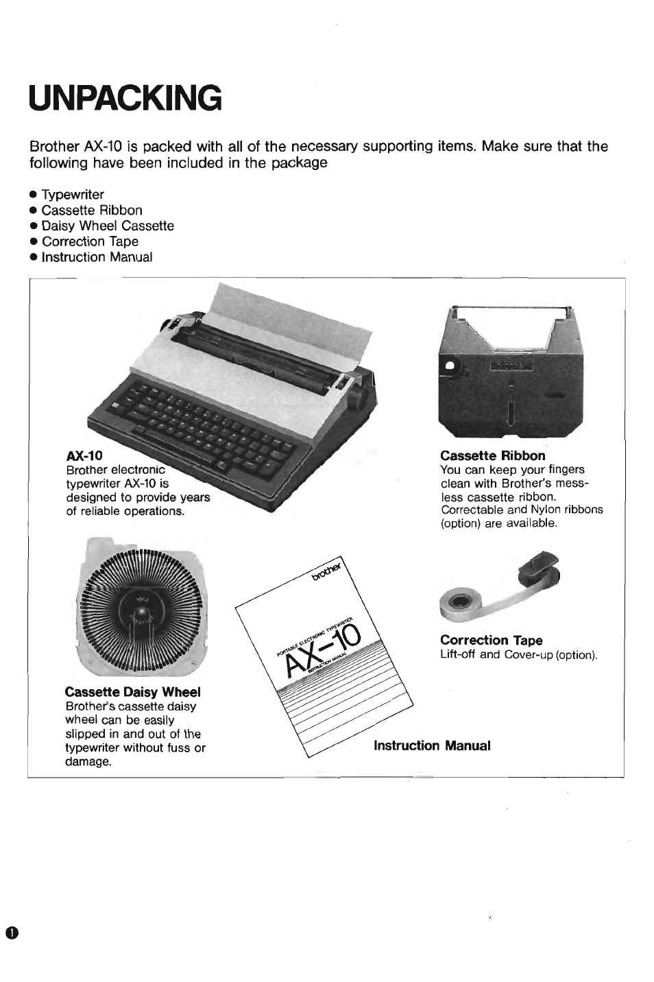 Unpacking | Brother AX-10 User Manual | Page 2 / 22
