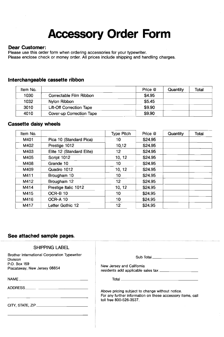 Accessory order form, Shipping label, Dear customer | Interchangeable cassette ribbon, Cassette daisy wheels, See attached sample pages | Brother AX-10 User Manual | Page 20 / 22