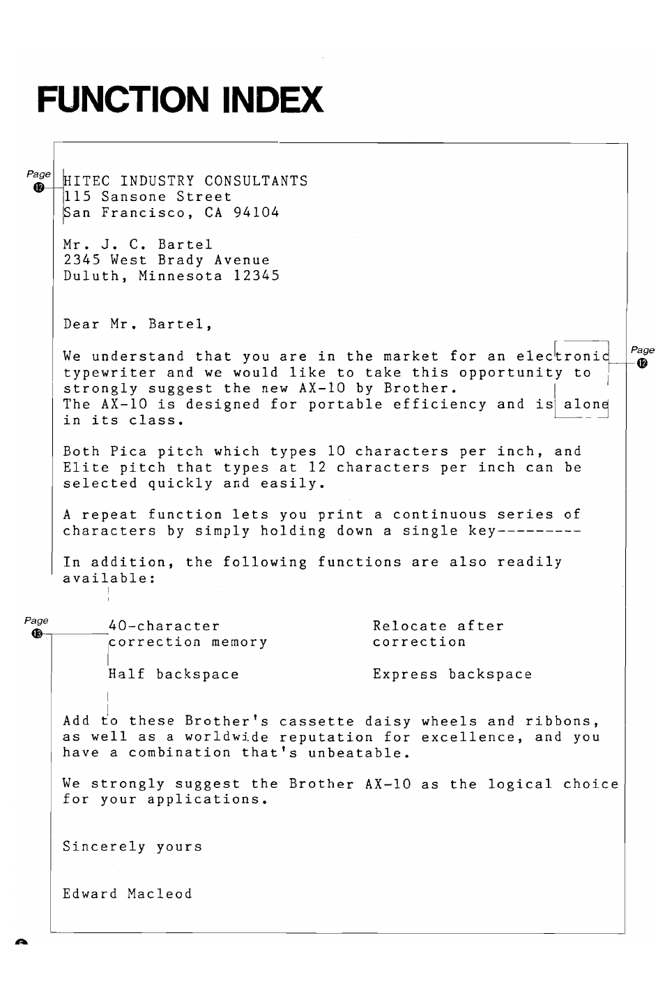 Function index | Brother AX-10 User Manual | Page 6 / 22