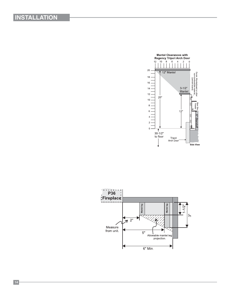 Installation, Regency, Mantel leg clearances | Series combustible mantel clearances | Regency Panorama P36 Medium Gas Fireplace User Manual | Page 14 / 60