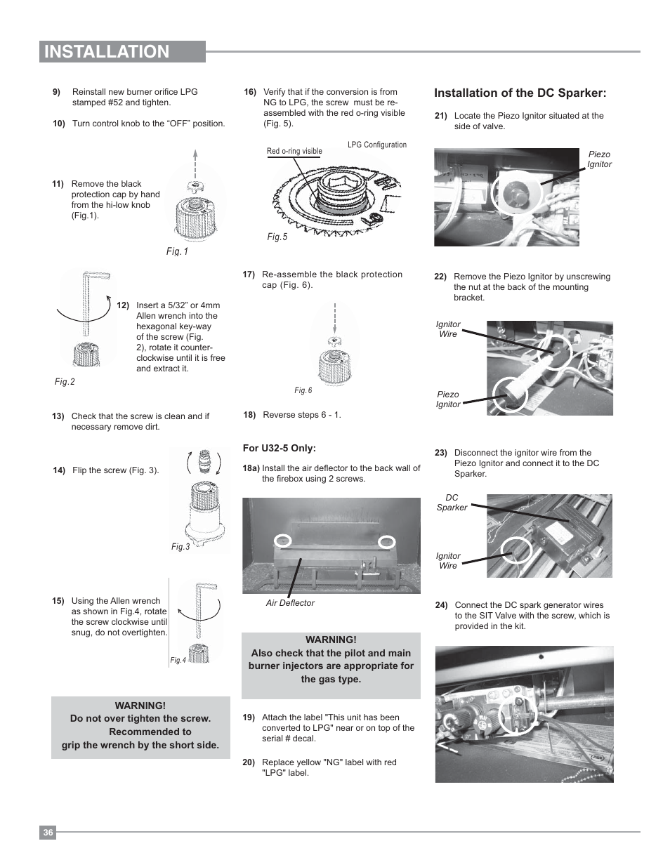 Installation, Installation of the dc sparker | Regency Panorama P36 Medium Gas Fireplace User Manual | Page 36 / 60