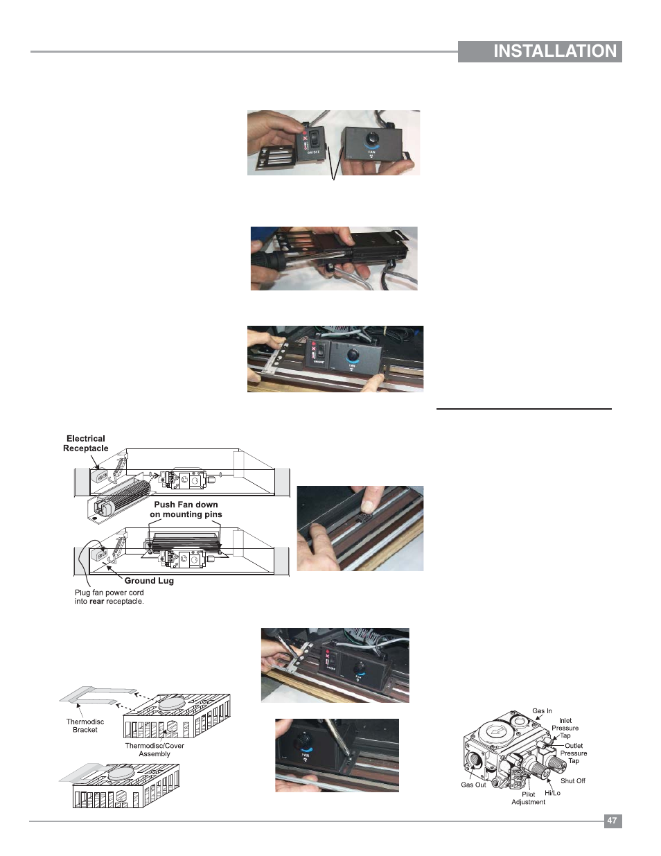 Installation, Operating instructions, Fan installation (optional) | Fan removal | Regency Panorama P36 Medium Gas Fireplace User Manual | Page 47 / 60