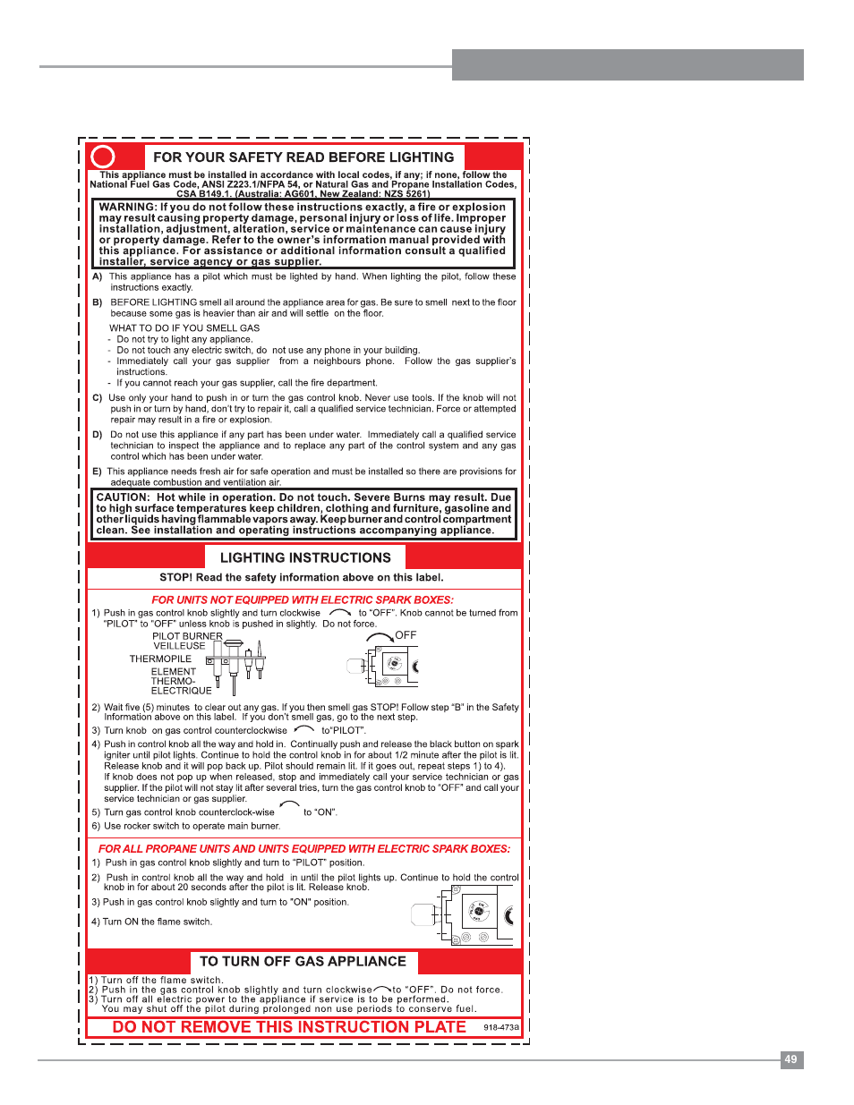 Installation operating instructions, Maintenance instructions, Copy of the lighting plate instructions | General vent maintenance | Regency Panorama P36 Medium Gas Fireplace User Manual | Page 49 / 60