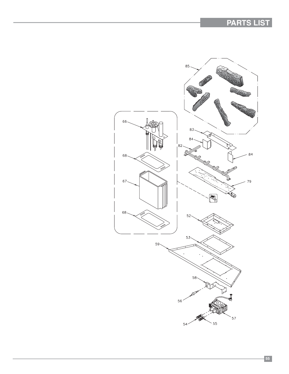 Parts list, Burner assembly & log set | Regency Panorama P36 Medium Gas Fireplace User Manual | Page 55 / 60