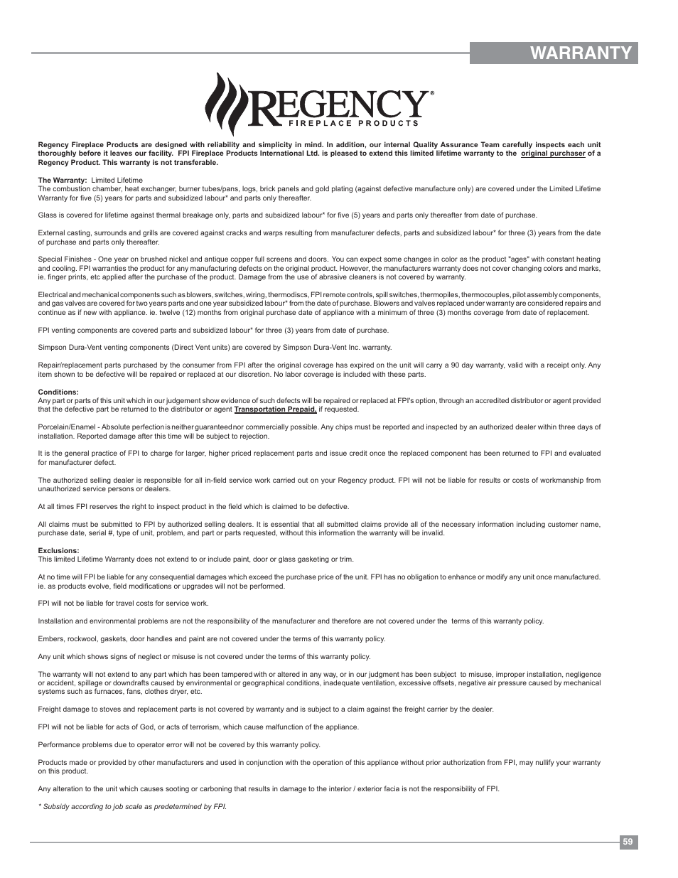 Warranty | Regency Panorama P36 Medium Gas Fireplace User Manual | Page 59 / 60