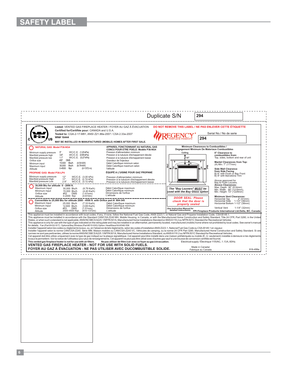 Safety label, Duplicate s/n | Regency Panorama P36 Medium Gas Fireplace User Manual | Page 6 / 60