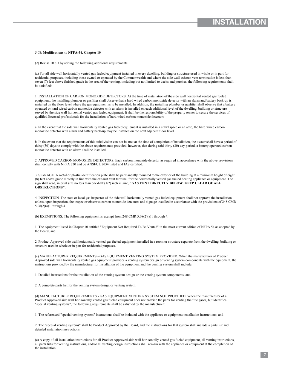 Installation, Ma code - co detector | Regency Panorama P36 Medium Gas Fireplace User Manual | Page 7 / 60