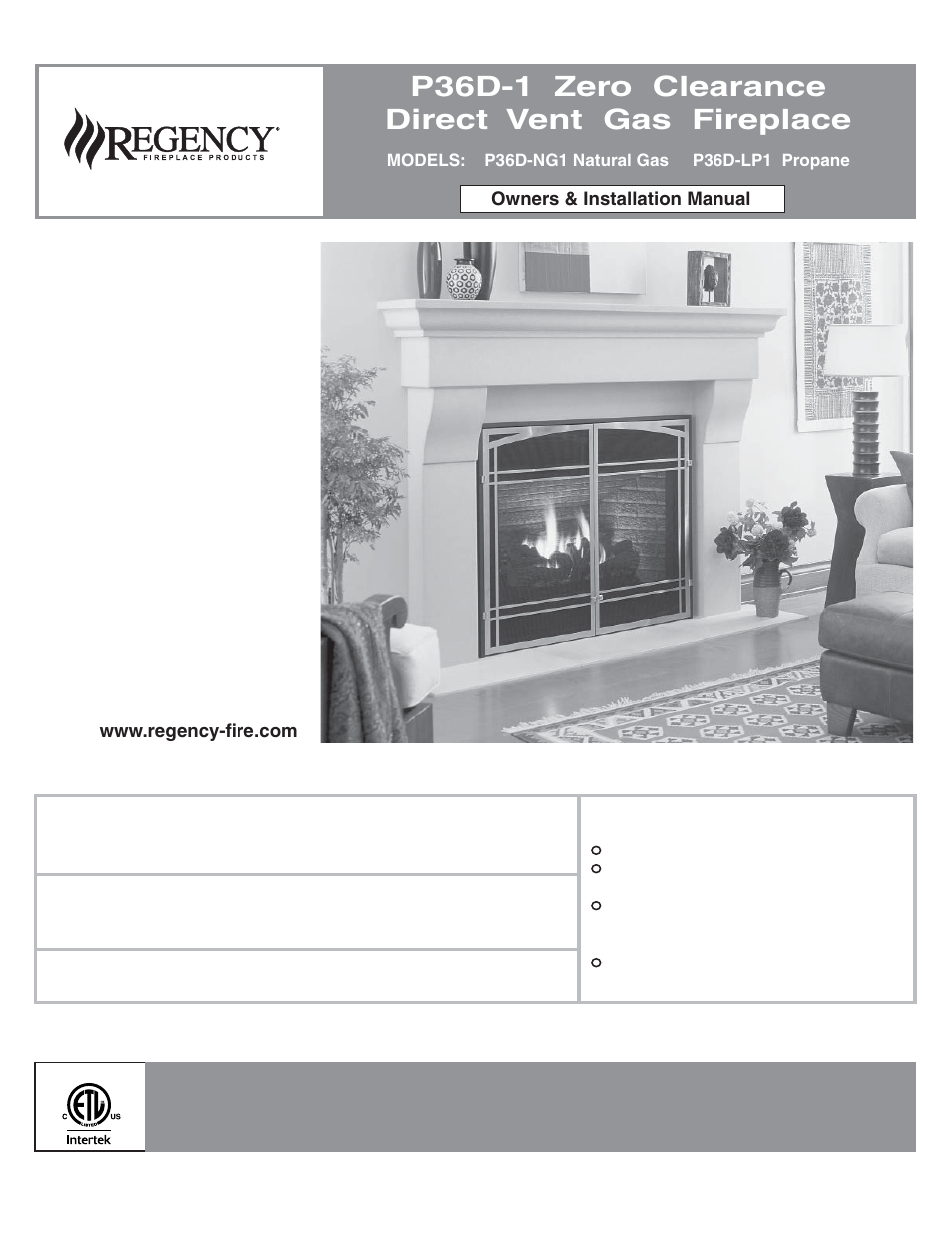 Regency Panorama P36D Medium Gas Fireplace User Manual | 64 pages