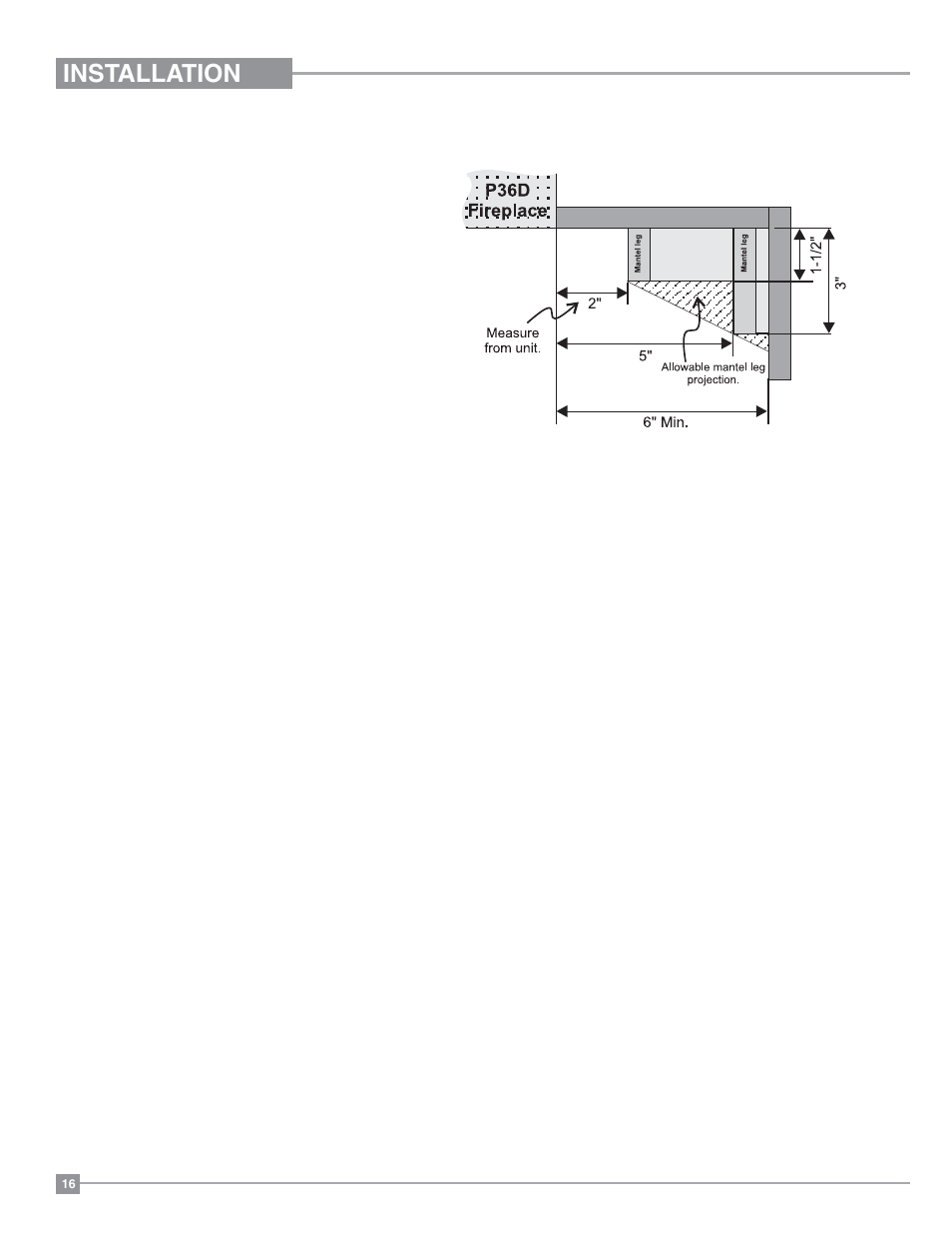 Installation, Regency, Mantel leg clearances | Regency Panorama P36D Medium Gas Fireplace User Manual | Page 16 / 64