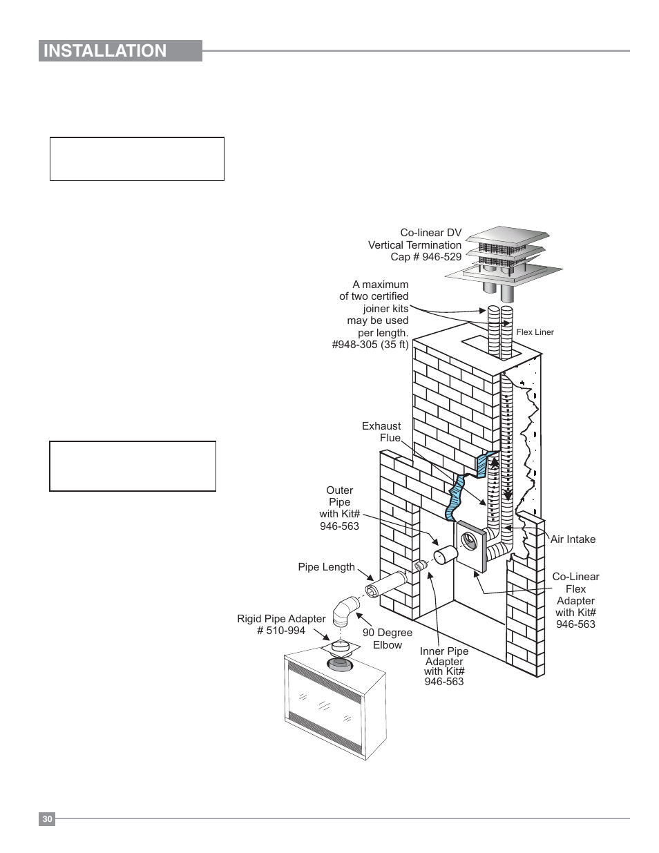 Installation, Vertical termination with co-linear flex system | Regency Panorama P36D Medium Gas Fireplace User Manual | Page 30 / 64