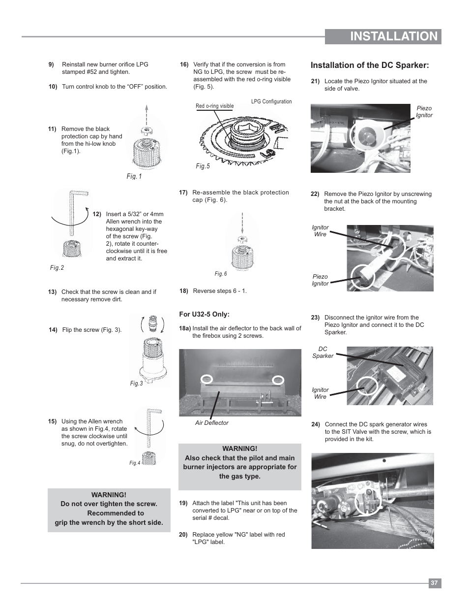 Installation, Installation of the dc sparker | Regency Panorama P36D Medium Gas Fireplace User Manual | Page 37 / 64