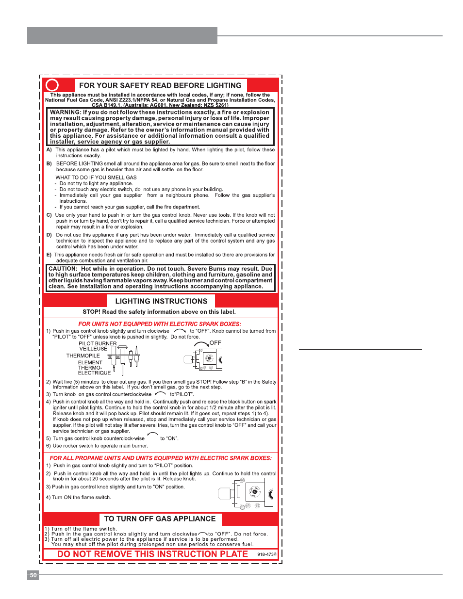 Operating instructions, Maintenance instructions, Copy of the lighting plate instructions | Regency Panorama P36D Medium Gas Fireplace User Manual | Page 50 / 64