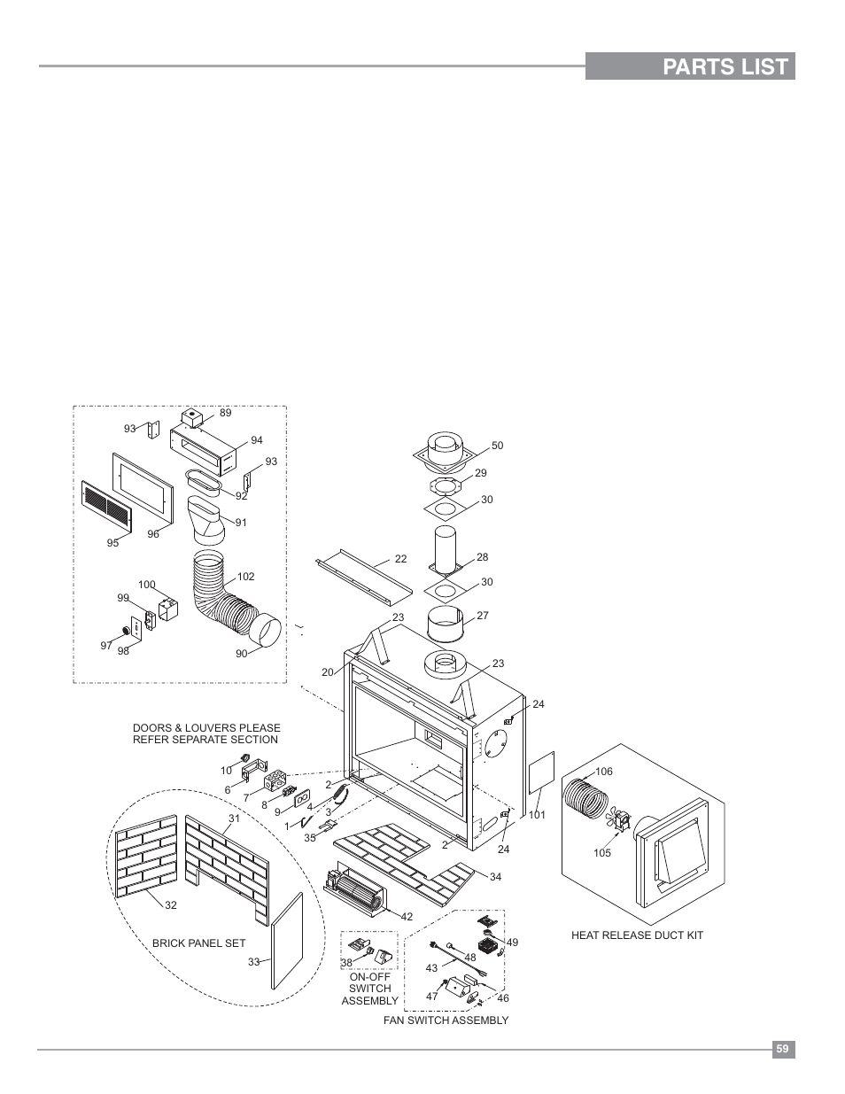 Parts list, Main assembly | Regency Panorama P36D Medium Gas Fireplace User Manual | Page 59 / 64