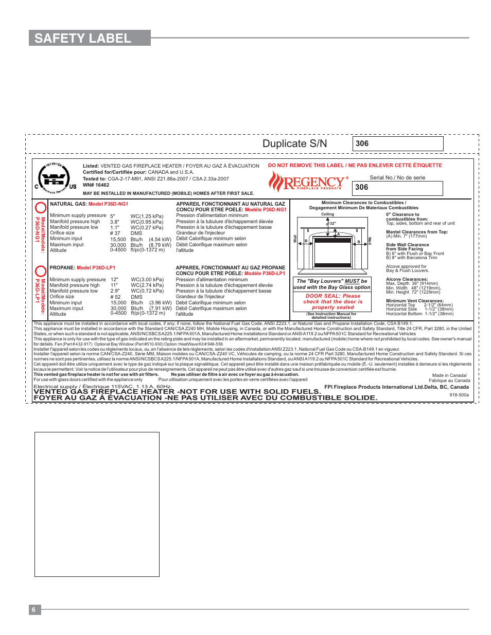 Safety label, Duplicate s/n, Copy of safety decal for p36d-1 | Regency Panorama P36D Medium Gas Fireplace User Manual | Page 6 / 64