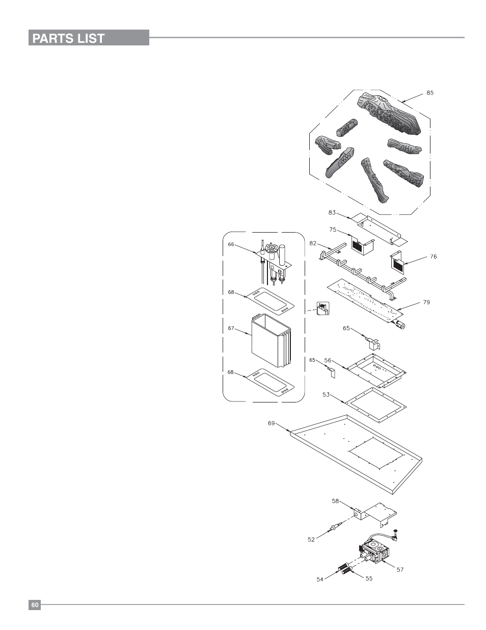 Parts list, Burner assembly & log set | Regency Panorama P36D Medium Gas Fireplace User Manual | Page 60 / 64