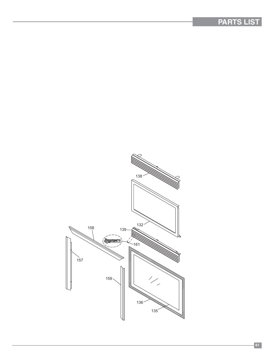 Parts list, Regency, Flush front assembly | Regency Panorama P36D Medium Gas Fireplace User Manual | Page 61 / 64