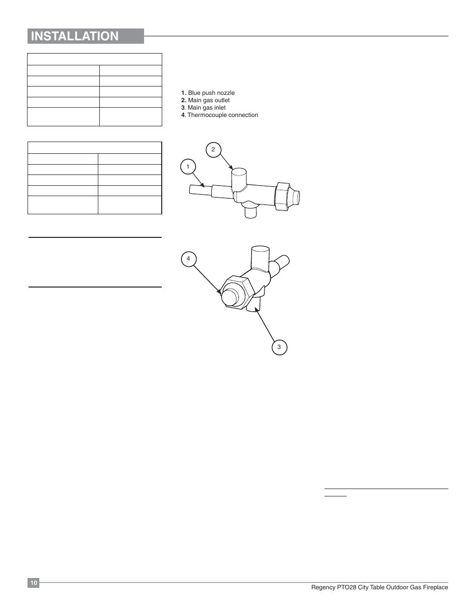 Installation, Aeration adjustment, High elevation | Gas line installation, Sit valve description, Gas pipe pressure testing | Regency Plateau PTO28CIT Outdoor Gas Firetable User Manual | Page 10 / 32