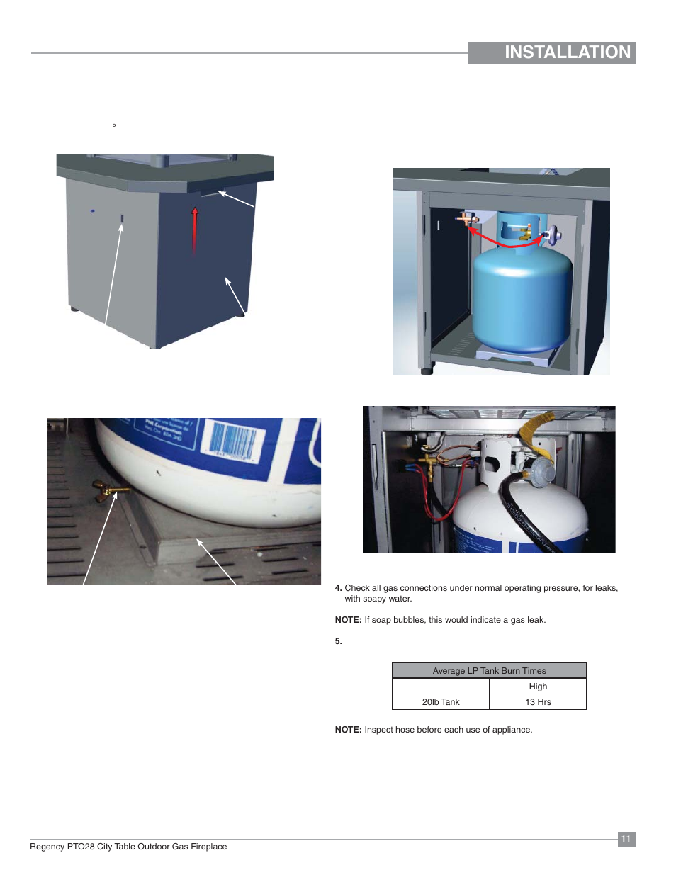 Installation, Lp tank gas connection | Regency Plateau PTO28CIT Outdoor Gas Firetable User Manual | Page 11 / 32