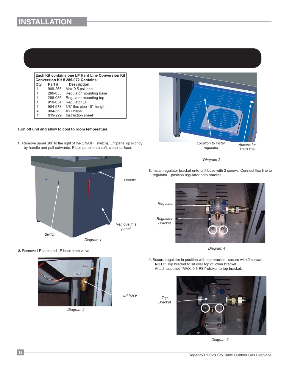 Installation, Lp hard line conversion | Regency Plateau PTO28CIT Outdoor Gas Firetable User Manual | Page 12 / 32