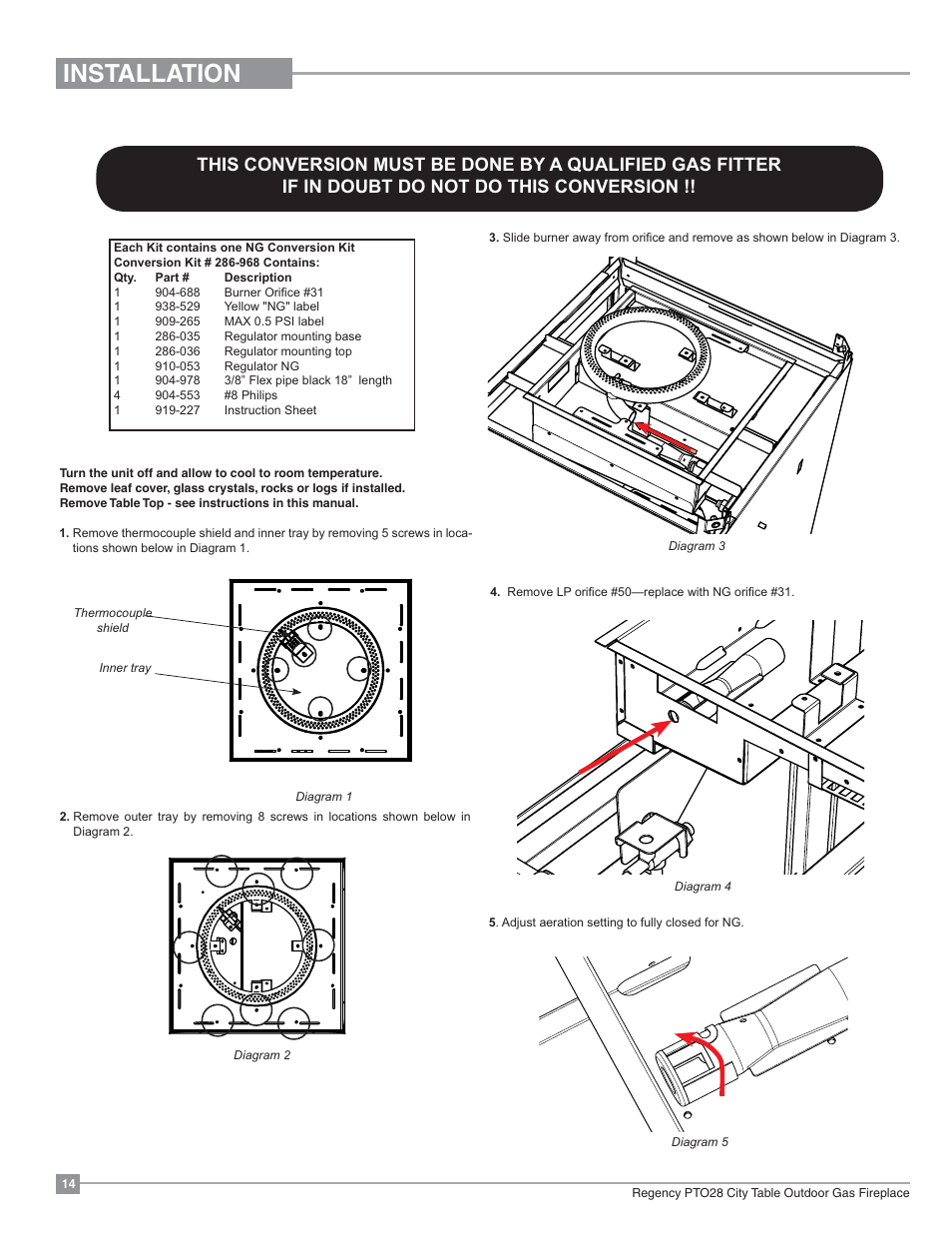 Installation, Conversion from lp to ng | Regency Plateau PTO28CIT Outdoor Gas Firetable User Manual | Page 14 / 32