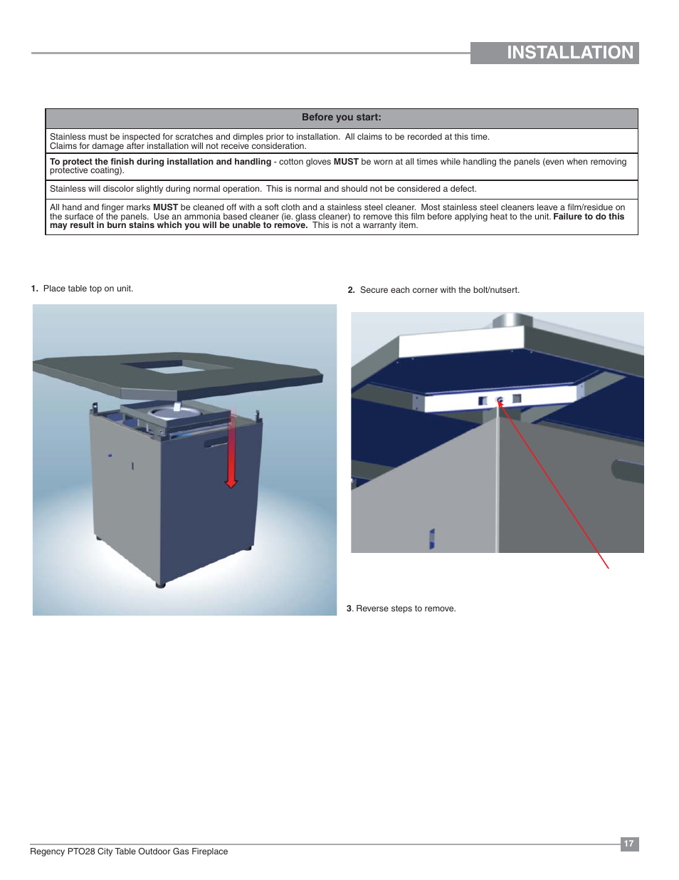 Installation, Table top installation | Regency Plateau PTO28CIT Outdoor Gas Firetable User Manual | Page 17 / 32