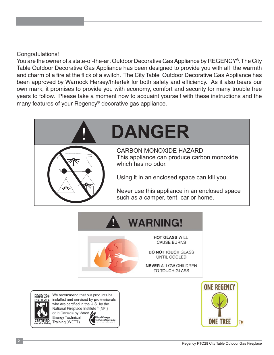 Danger | Regency Plateau PTO28CIT Outdoor Gas Firetable User Manual | Page 2 / 32