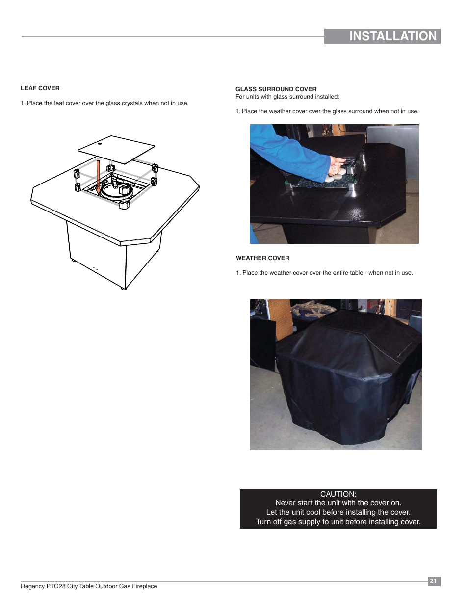 Installation, City table cover installation | Regency Plateau PTO28CIT Outdoor Gas Firetable User Manual | Page 21 / 32