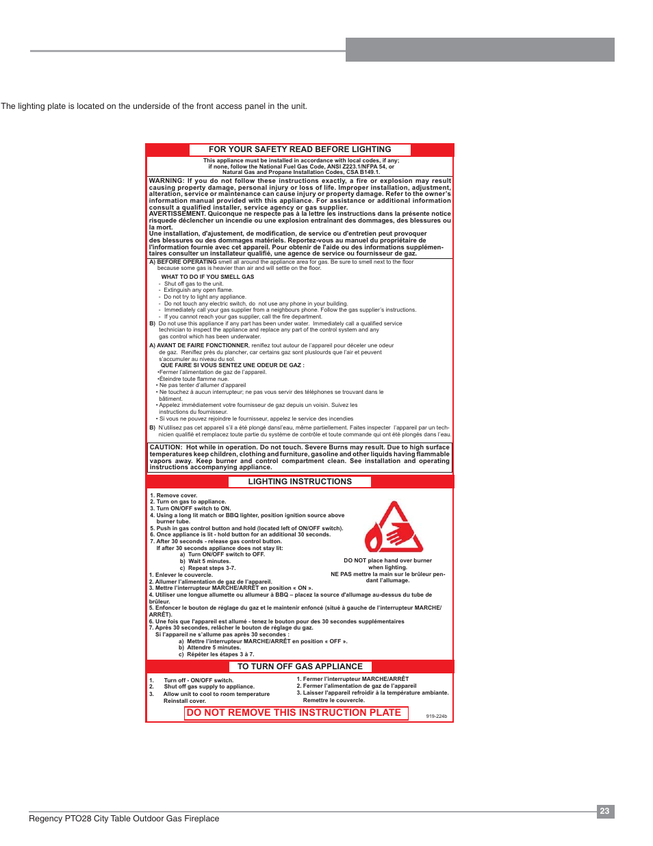 Installation operating instructions, Copy of lighting plate instructions, Do not remove this instruction plate | Regency Plateau PTO28CIT Outdoor Gas Firetable User Manual | Page 23 / 32