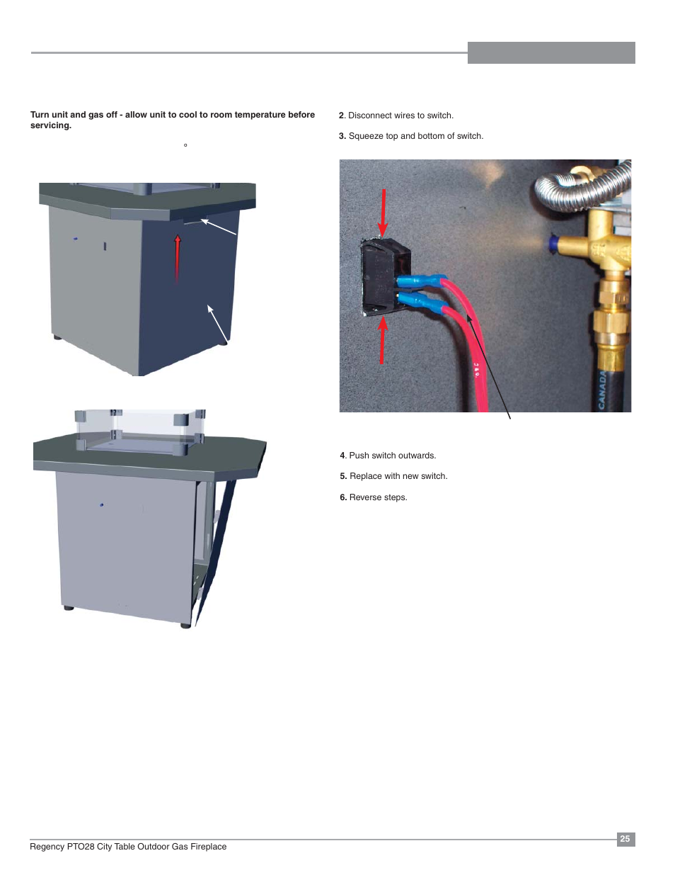 Maintenance, Switch replacement | Regency Plateau PTO28CIT Outdoor Gas Firetable User Manual | Page 25 / 32