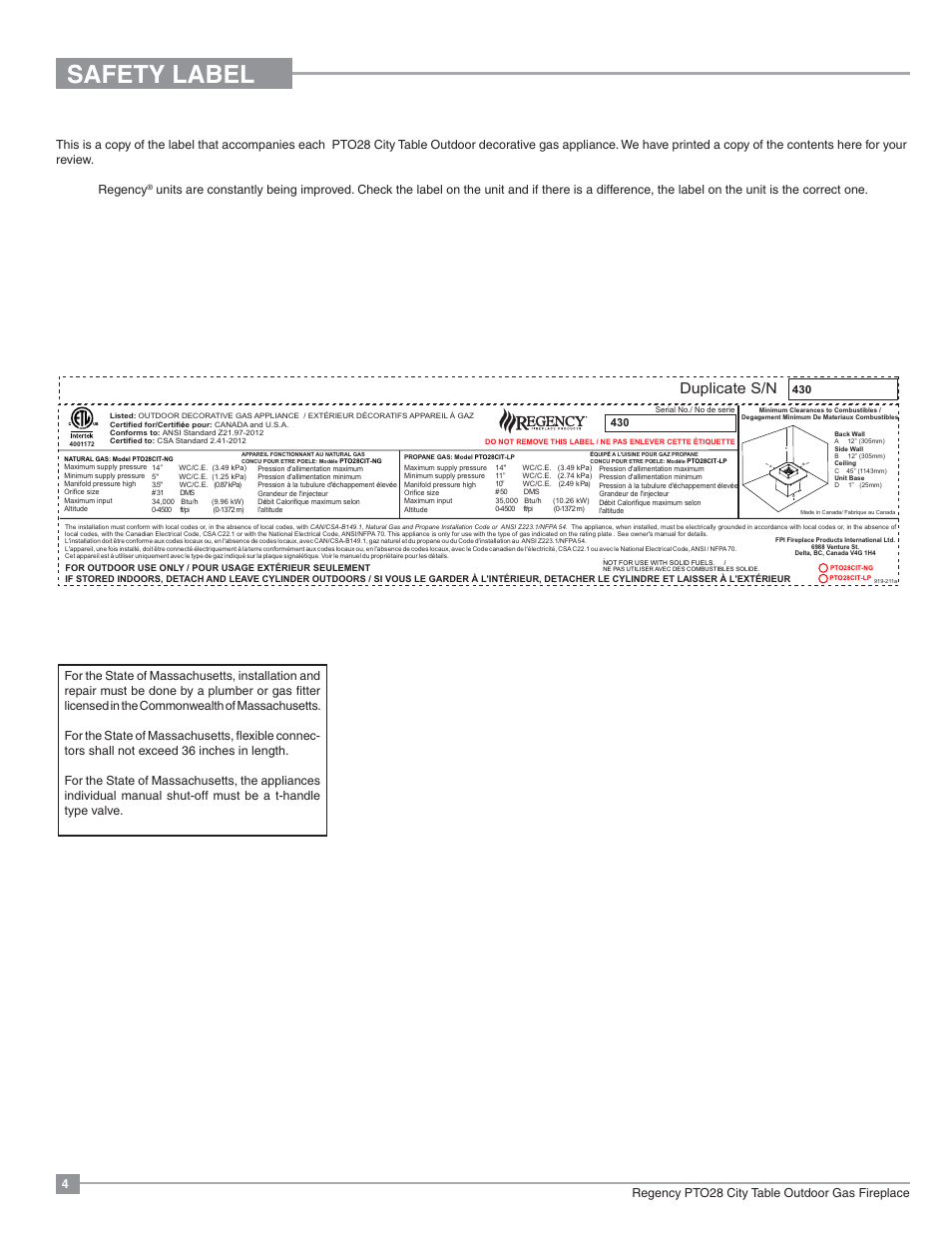 Safety label, Copy of safety decal, Duplicate s/n | 4regency pto28 city table outdoor gas fireplace | Regency Plateau PTO28CIT Outdoor Gas Firetable User Manual | Page 4 / 32