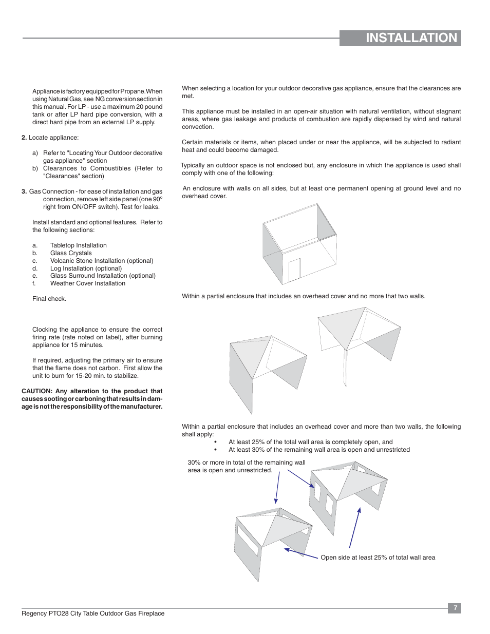 Installation, Installation checklist, Locating your outdoor decorative gas appliance | Regency Plateau PTO28CIT Outdoor Gas Firetable User Manual | Page 7 / 32
