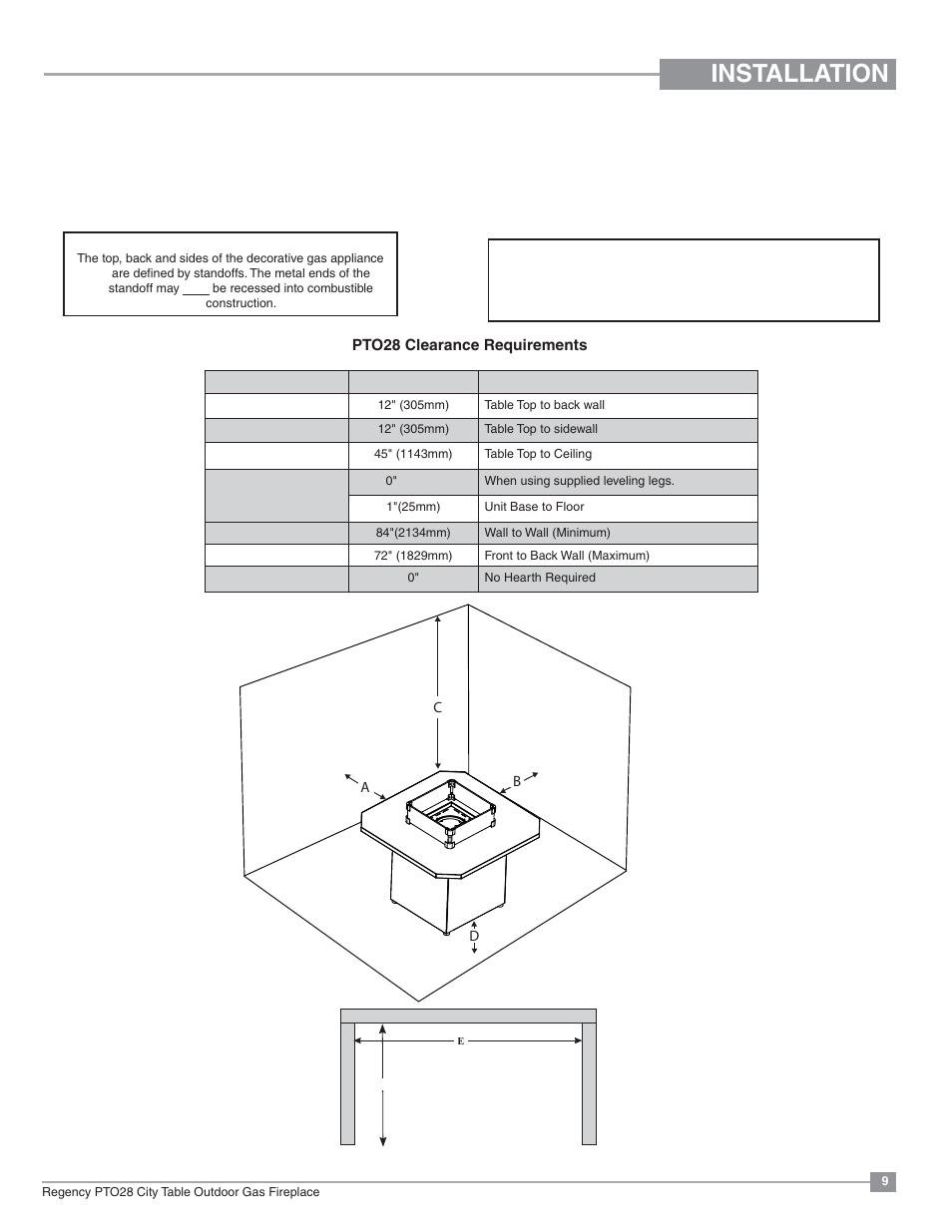 Installation, Minimum clearances to combustibles | Regency Plateau PTO28CIT Outdoor Gas Firetable User Manual | Page 9 / 32