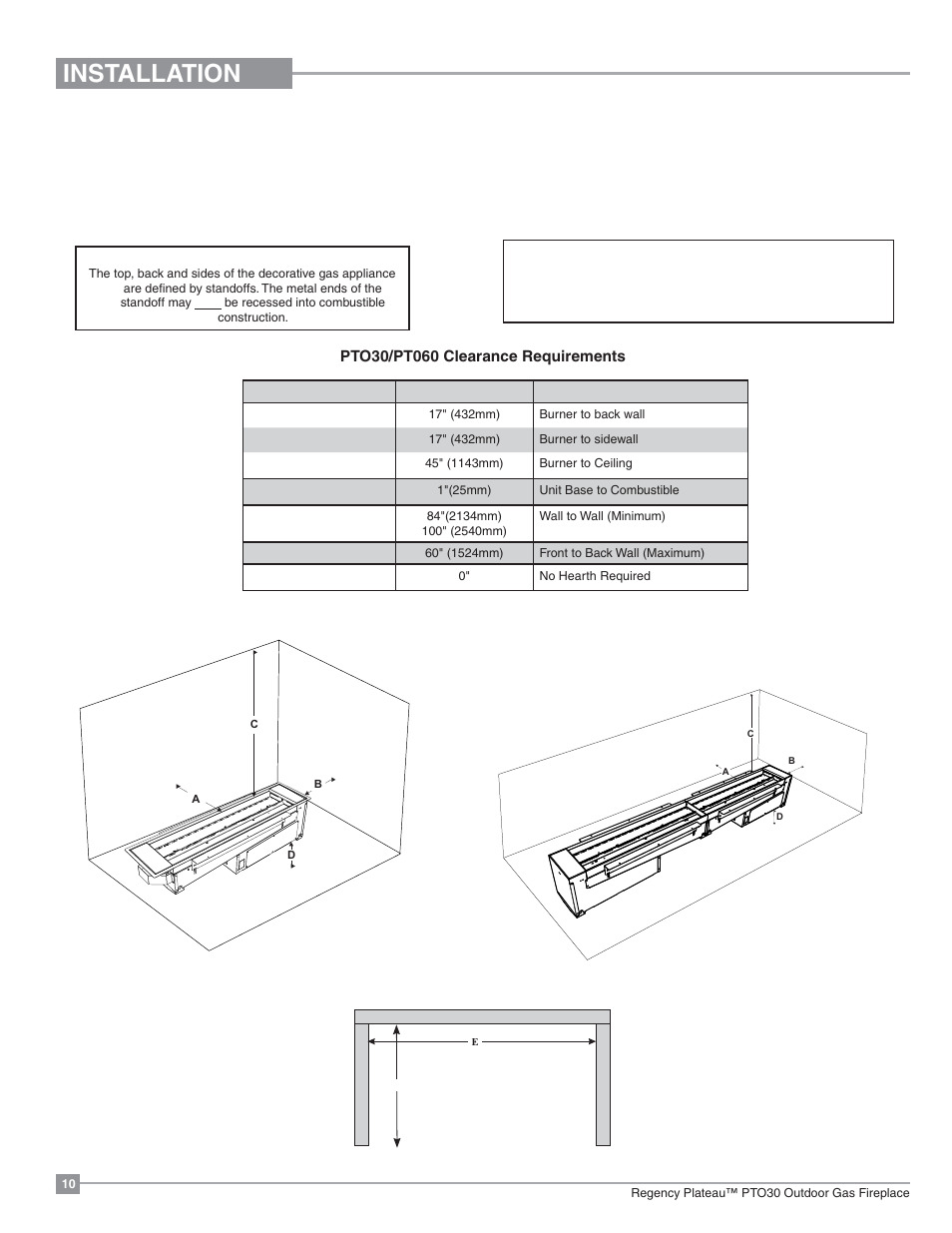 Installation, Minimum clearances to combustibles | Regency Plateau PTO60 Outdoor Gas Burner User Manual | Page 10 / 36