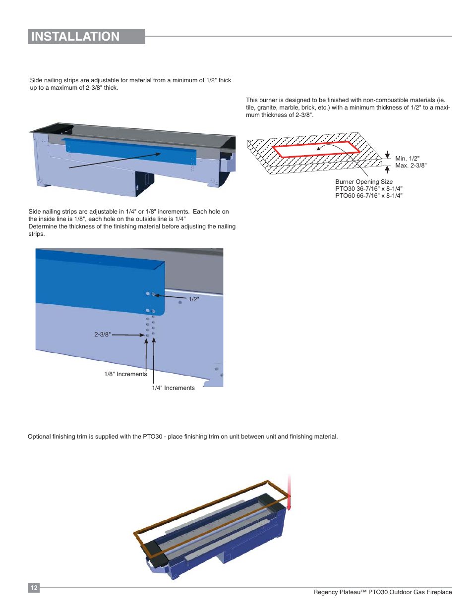 Installation, Finishing, Optional finishing trim | Regency Plateau PTO60 Outdoor Gas Burner User Manual | Page 12 / 36