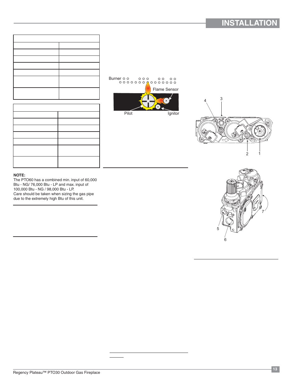 Installation, Gas pipe pressure testing, Aeration adjustment | High elevation, Gas line installation, Pilot adjustment, 886 s.i.t. valve description | Regency Plateau PTO60 Outdoor Gas Burner User Manual | Page 13 / 36