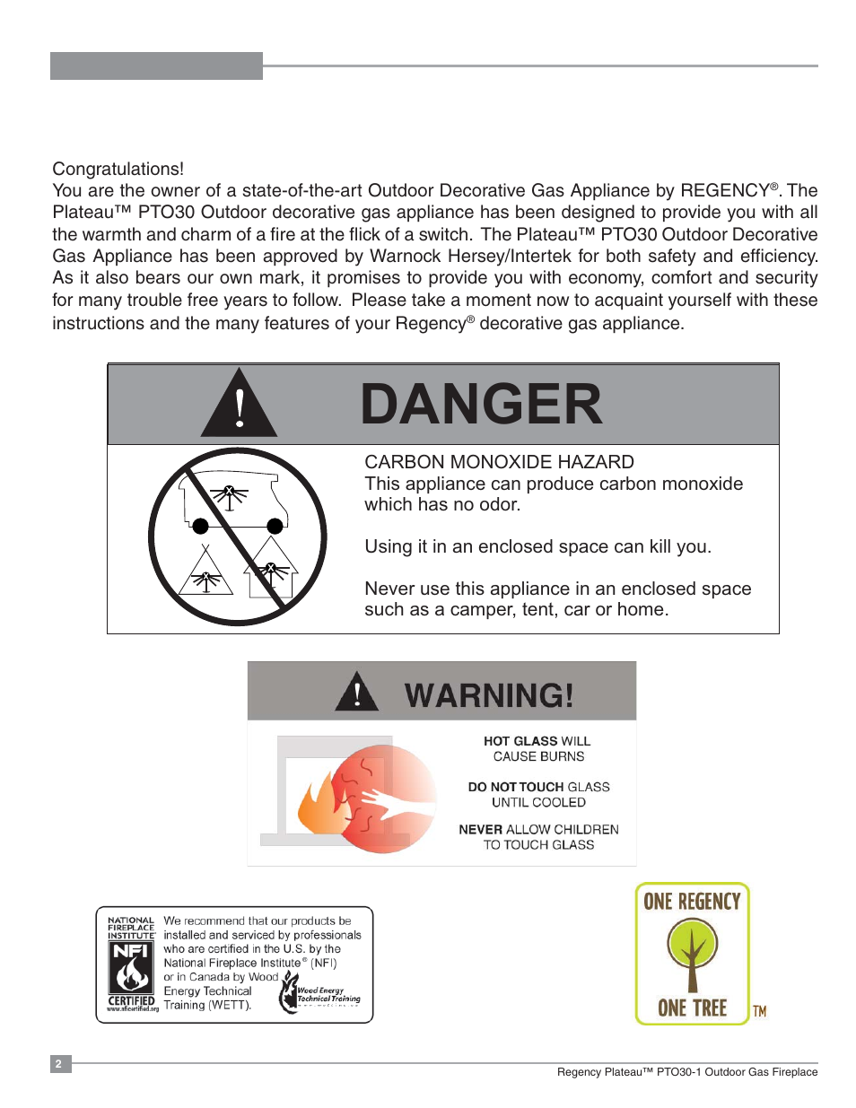 Danger | Regency Plateau PTO60 Outdoor Gas Burner User Manual | Page 2 / 36