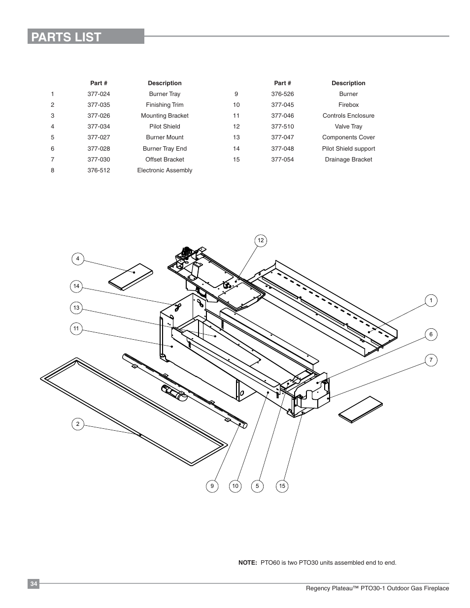 Parts list, Parts | Regency Plateau PTO60 Outdoor Gas Burner User Manual | Page 34 / 36