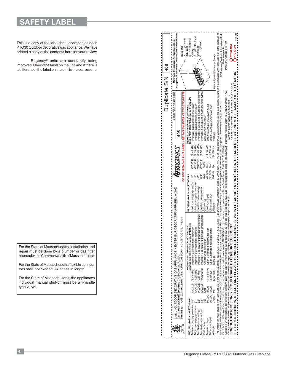 Safety label, Duplicate s/n, Copy of safety decal | 4regency plateau™ pto30-1 outdoor gas fireplace | Regency Plateau PTO60 Outdoor Gas Burner User Manual | Page 4 / 36