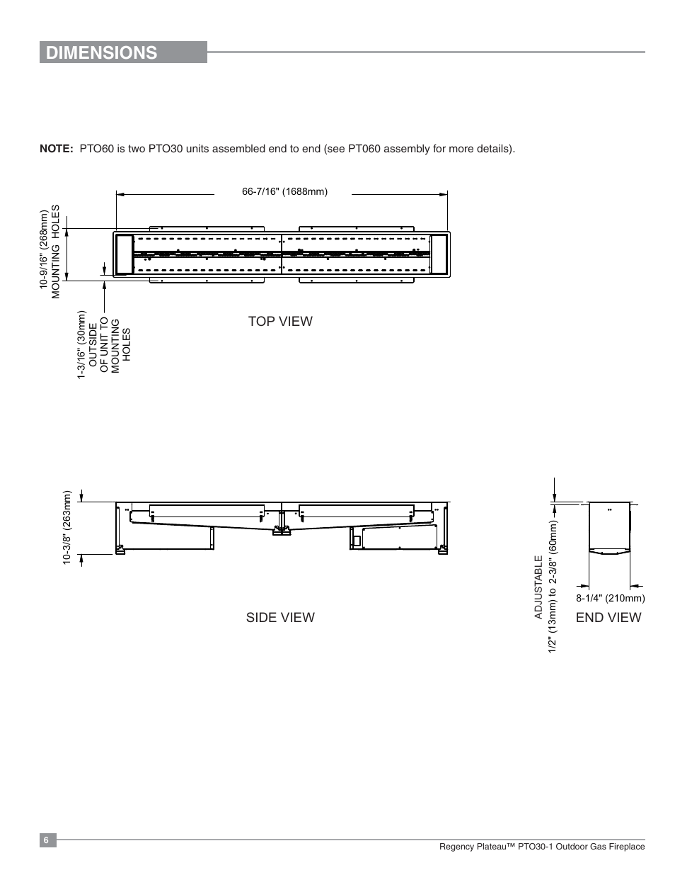 Dimensions, Pto60 unit dimensions | Regency Plateau PTO60 Outdoor Gas Burner User Manual | Page 6 / 36