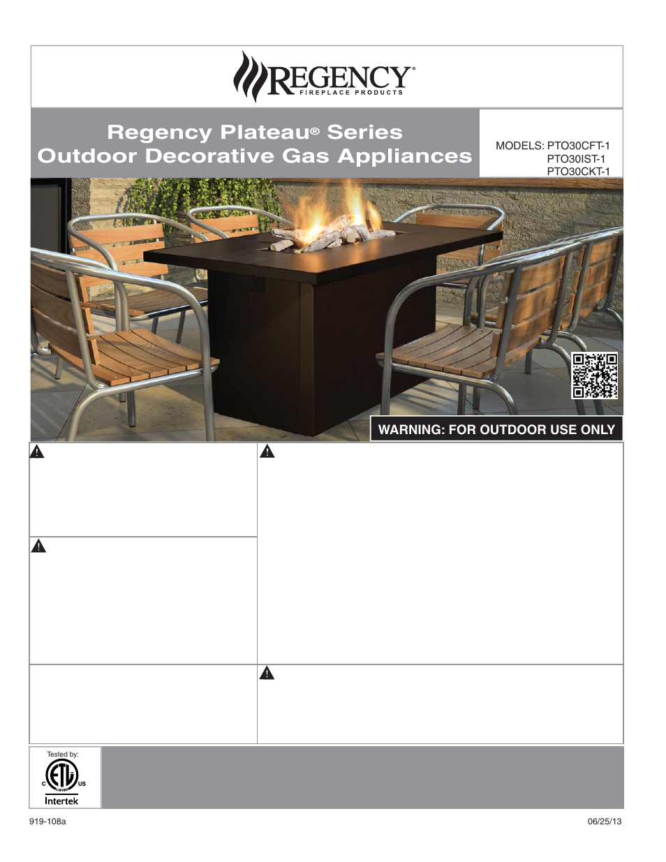 Regency Plateau PTO30IST Outdoor Gas Firetable User Manual | 40 pages